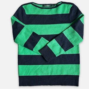 Ralph Lauren Green & Navy Boatneck Nautical Cotton Blend Striped Sweater W Small